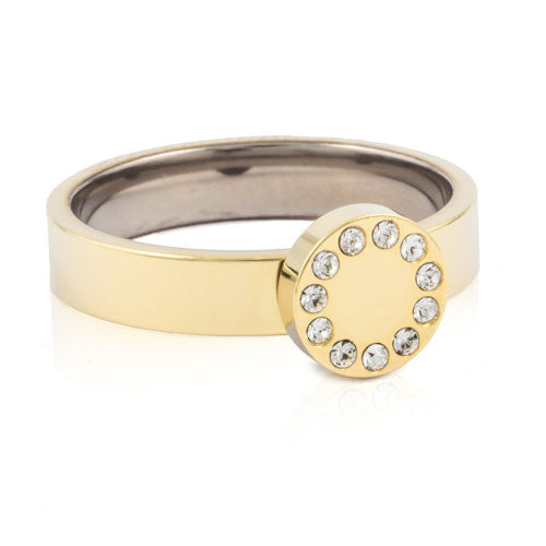 Gold titanium ring with a brilliance puck , encircled with 11 small Swarvoski crystals medical sensitive skin friendly nickel free