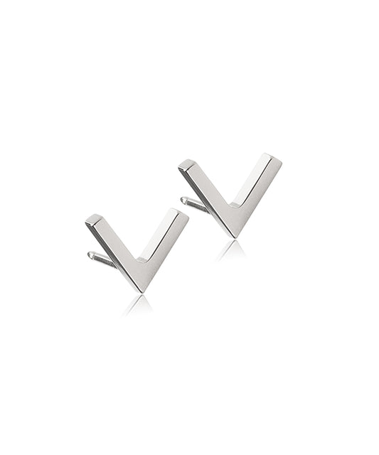 A pair of silver titanium earrings with a V-shaped design, crafted by Blomdahl.