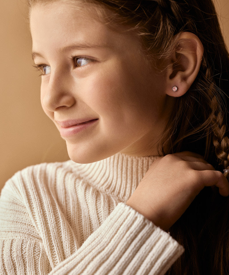 Hypoallergenic 5mm Light Rose Bezel Silver Titanium Kid's Earrings