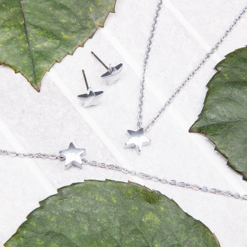 A collection of silver star jewellery set consisting of earrings, necklace and bracelet medical sensitive skin friendly nickel free