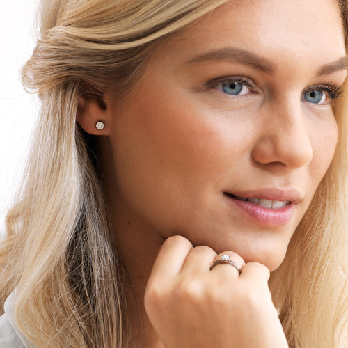 Blomdahl Silver Titanium Plenary 5mm Swarovski Crystal hypoallergenic earrings. Plenary design is round stud earrings filled with 6 Swarovski crystals and 1 Swarovski crystal in the middle, flower-like design, hypoallergenic earrings for adults and childrens alike medical sensitive skin friendly nickel free