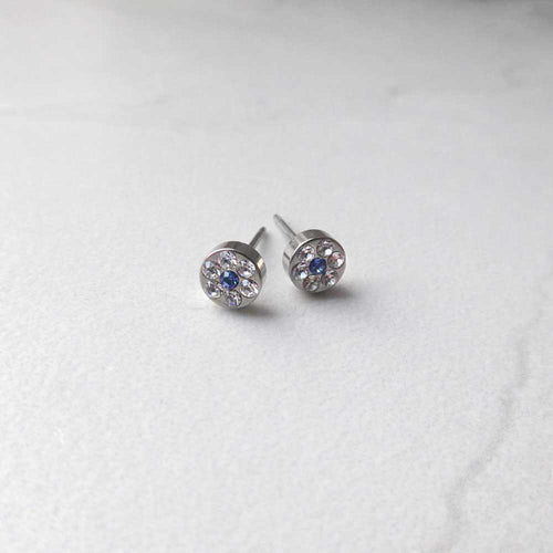 Blomdahl Natural Silver Titanium Plenary 5mm Swarovski Sapphire  and Crystal hypoallergenic earrings display