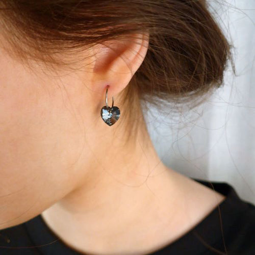 Blomdahl Titanium sleeper earrings – a lightweight small hoop where you can sleep in it with a 10mm Black Diamond Swarovski crystal shaped in hearts. Suitable for adults or children hypoallergenic earrings medical sensitive skin friendly nickel free