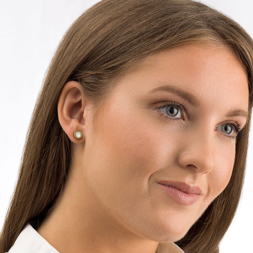 Gold Titanium 8mm Grand Bezel earrings made from pure medical titanium with a centre Swarovski Crystal for adults and childrens medical sensitive skin friendly nickel free
