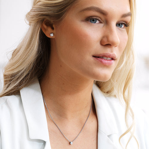 Blomdahl Silver Titanium small petite 7mm square shaped hypoallergenic adults and childrens earrings with a mini round Swarovski crystal in the middle medical sensitive skin friendly nickel free