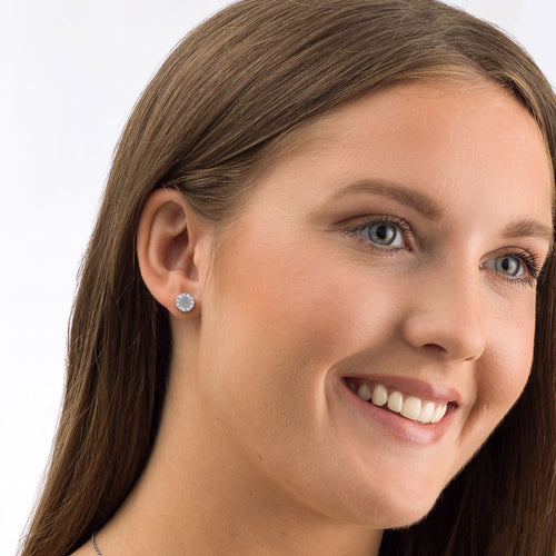 Blomdahl 8mm Silver Brilliance Puck earring set in pure medical grade titanium with a cluster of 11 small Swarvoski crystal surrounding the edge of the earrings for adults dinner occassion medical sensitive skin friendly nickel free