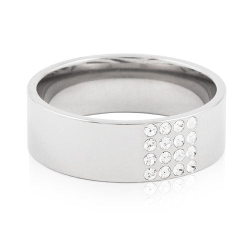 Titanium brilliance square ring with 16 small Swarvoski crystals in the middle positioned like a square medical sensitive skin friendly nickel free