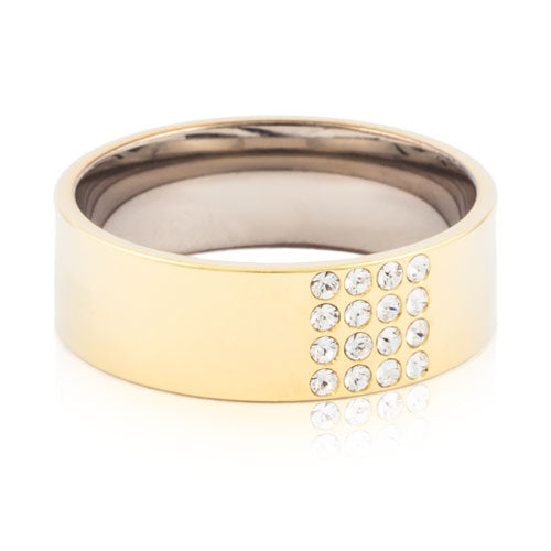 Gold titanium brilliance square ring with 16 small Swarvoski crystals in the middle positioned like a square medical sensitive skin friendly nickel free