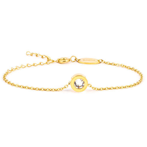 Gold coated bracelet with a 8mm grand bezel shaped clasp containing 8mm Swarvoski crystal. Bracelet has an adjustable length of 6-7.5 inches medical sensitive skin friendly nickel free