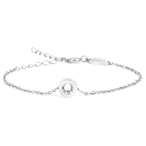 Silver coated bracelet with a 8mm grand bezel shaped clasp containing 8mm Swarvoski crystal. Bracelet has an adjustable length of 6-7.5 inches medical sensitive skin friendly nickel free