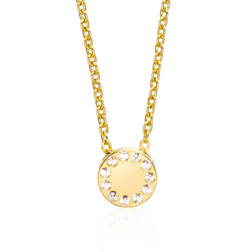 Gold Brilliance Puck crystal enamoured with 11 small Swarovski crystal surrounds medical sensitive skin friendly nickel free