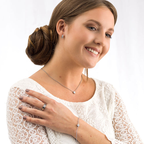 Model shoot for silver brilliance square jewellery set medical sensitive skin friendly nickel free