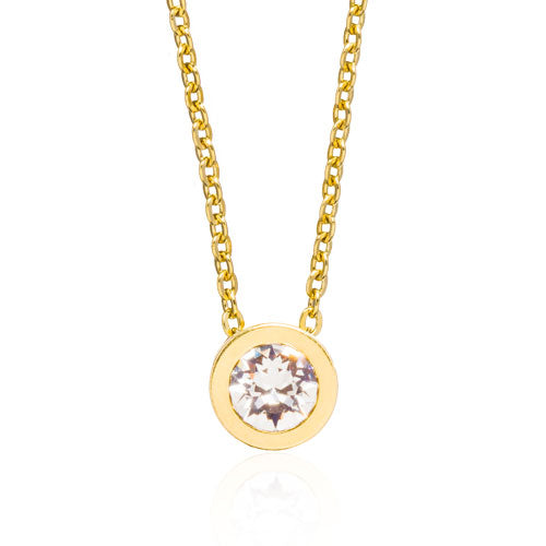 Gold necklace with 8mm grand bezel Swarovski crystal pendant medical sensitive skin friendly nickel free